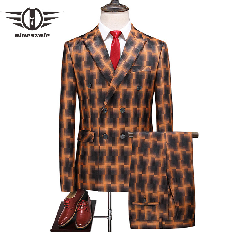 

6XL Double Breasted Suit For Men Latest Coat Pant Designs 2 Piece Brown Blue Plaid Terno Masculino Slim Fit Christmas Suit Q937