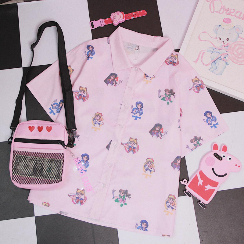 

2020 New Summer Chiffon Shirt Women Harajuku Beautiful Girl Printed Shirt Cartoon Pink Loose Short Sleeve Blouse Female