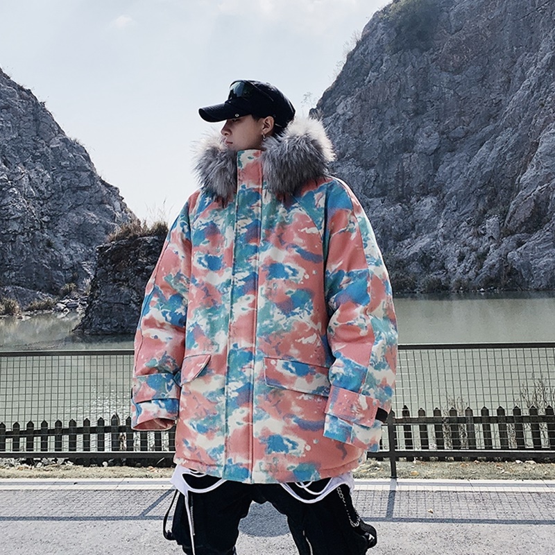 

Thick Winter Jacket Men Camouflage Hooded Parka Fur Coat 2019 Man Harajuku Japanese Streetwear Tie Dye Jacket Plus Size KK3273