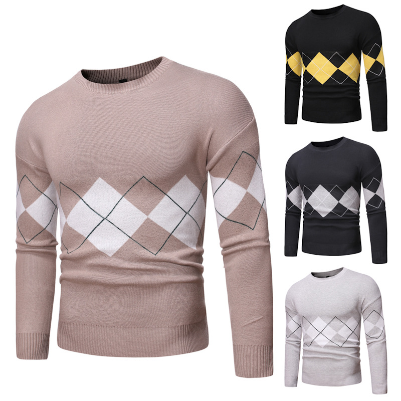 

New Men Autumn Winter Casual Sweater O-neck Argyle Cotton Pullover Long Sleeve Slim Fit Wool Clothing Dropping, Black