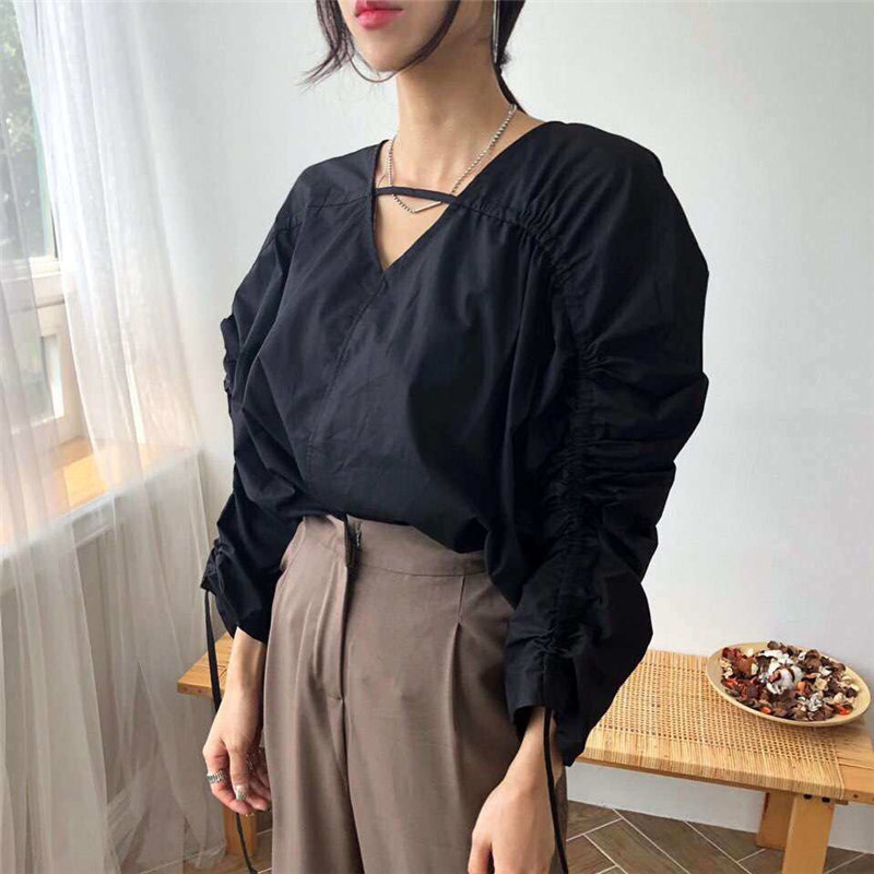 

Alien Kitty Solid Drawstring V-neck 2020 Sweet Chic Streetwear Girls Brief High Quality Shirts Women Cute All Match Blouses, White