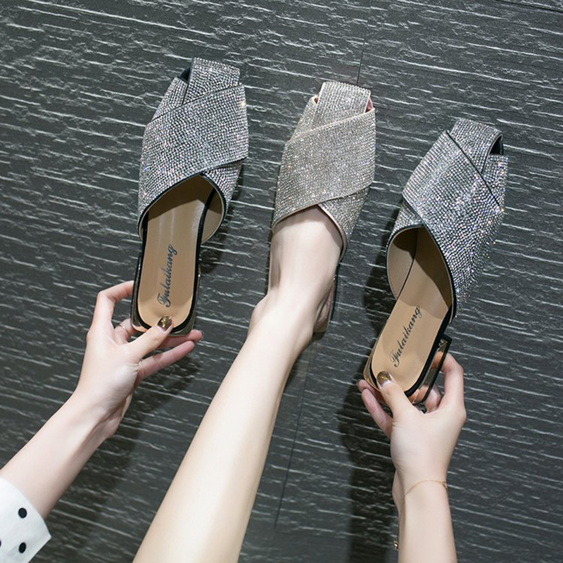 

2020 Shine crystal bling slippers woman closed toe flipflops glitter gold/silver paillette crossed-belt mules slides lady summer