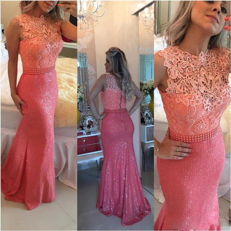 

2020 Pink Mermaid Evening Dresses Applique Sequins Beads Tulle With Glitter Prom Dress Floor Length Formal Dresses, Brown