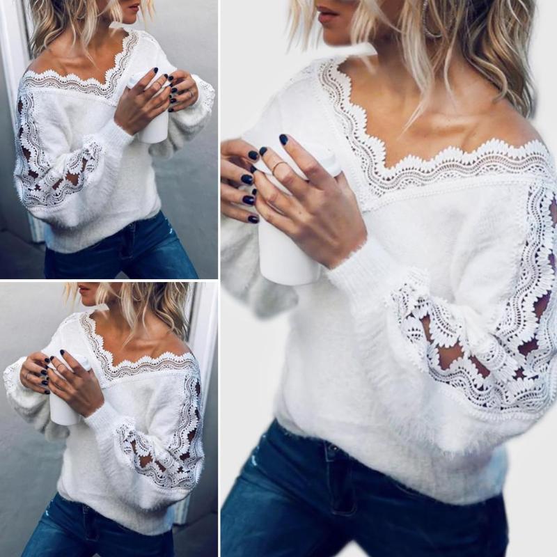 

Autumn Winter Women Fashion Lace V-neck Tops Long Sleeve White Solid Pullover Top Ladies Casual Loose Sweater Warm
