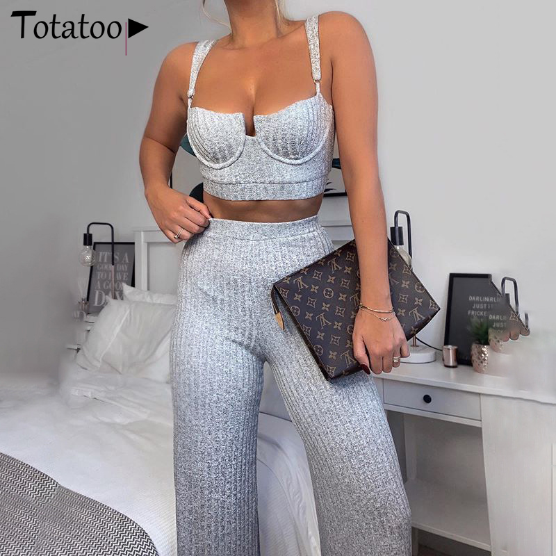 Sexy Two Piece Set Pant Crop Top And High Waist Wide Leg Pants Suit Women Autumn Winter Knitted Matching Sets Club Outfits 2022 Women's Clothin