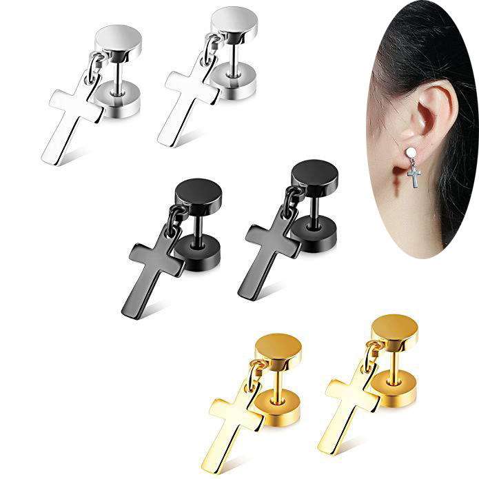 

Titanium steel Dumbbell cross design Stud Earrings For Men Women Punk Crucifix Double sided Screw-back Hypoallergenic Dangle Earring Jewelry