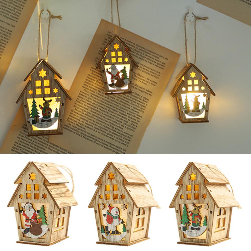 

2019 Christmas Wooden Decoration Cabin Illuminated With Lights DIY Small House Hanging Christmas Tree Ornaments Home Decor Q194