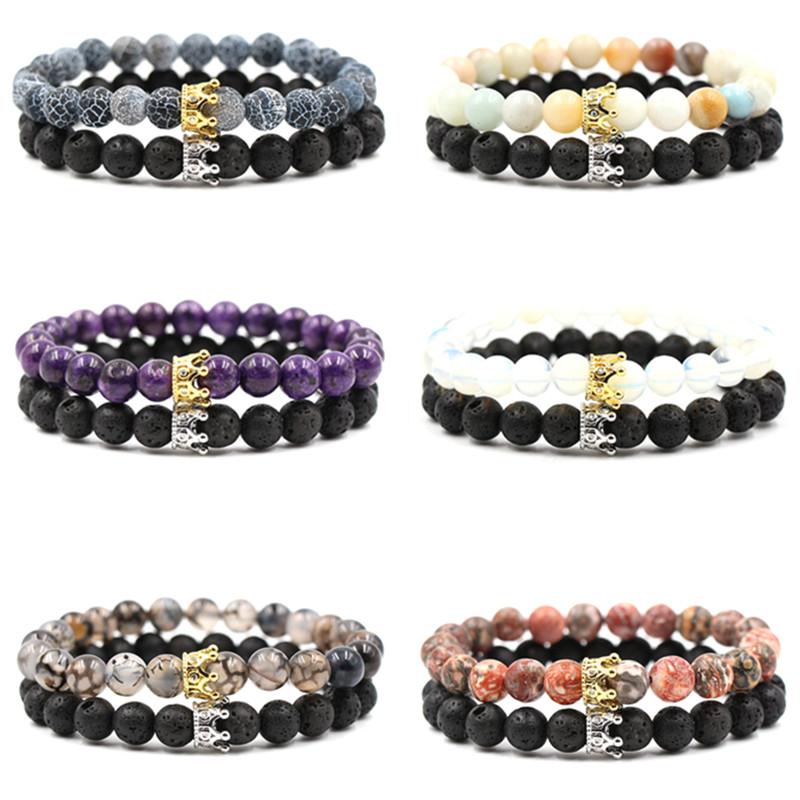

2020 New 17 Colors 2pc/Set 8mm Lava Stone Bracelet Couples Crown Luxury Designer Jewelry Women Bracelects Tiger Eye Turquoise Men Bracelet