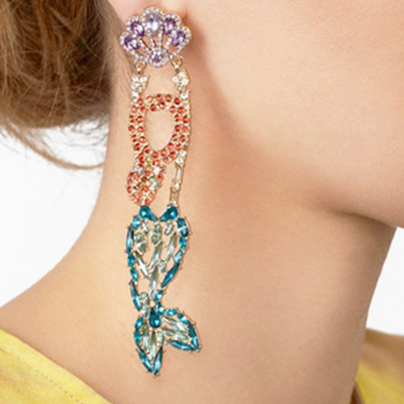 

new fashion designer exaggerated beautiful lovely cute ocean fish tail glittering diamond crystal long pendant stud earrings for women girls, Golden;silver