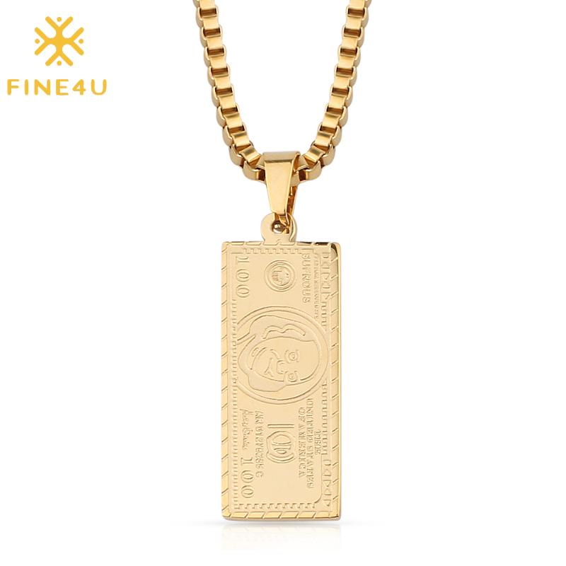 

FINE4U N290 Hundred $100 Dollar Bill Pendant Necklace Gold Color Stainless Steel Box Chain Necklace For Men Women
