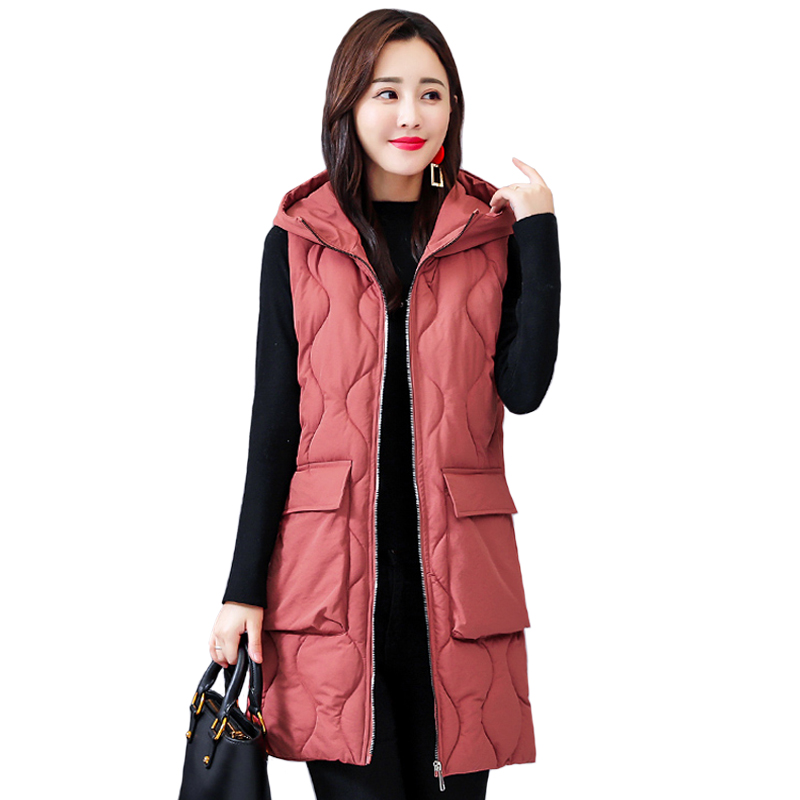 

2020 Autumn Winter Vest Women Long Vest Plus Size 6XL Casual Thicken Warm Cotton Hooded Sleeveless Waistcoat Winter Female, Beige