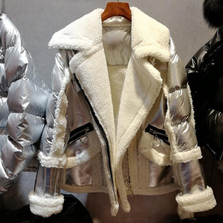 

European fashion brand winter oversize loose bright silver lamb cashmere duck down coat female fashion thicker down coat wq752, Black