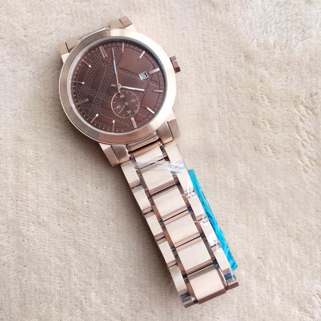 

New Desigh 42MM Dress Rose Gold Mens Watches Quartz Battery Chronograph Date Men Watch Stainless Steel Bracelet Coffee Dial