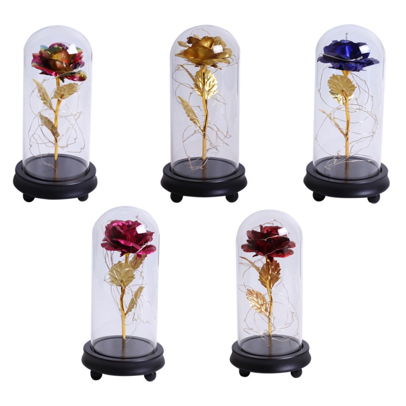 

Colorful Gold Foil Rose Flower In Glass Dome With LED Light String The Best Gift For Anniversary Valentine's Day, A (flat base)