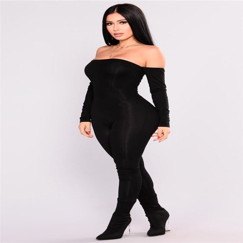 

Trendy Women clothes Off Shoulder solid Bodycon Party Jumpsuit long sleeve casual Polyester Romper one pieces, Black
