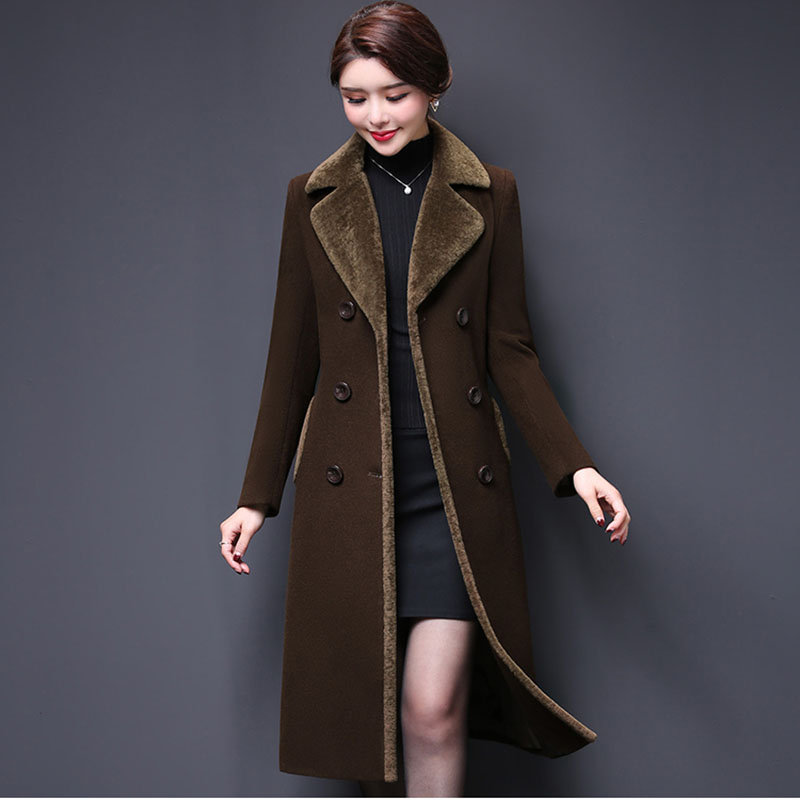 

M-5XL New Women Wool Blends Coat Winter 2019 Fashion Mother Thicken Cashmere Collar Long Jacket Warm Slim Tops Outerwear Female, Brown