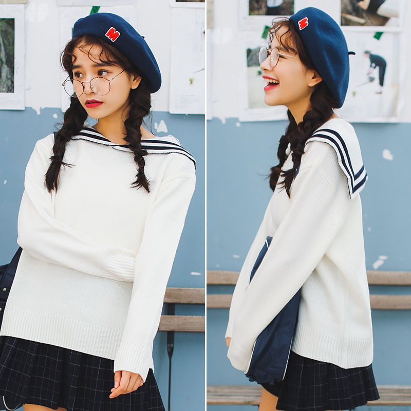 

Women Sailor Collar Pullover KNIT Sweater Japanese Elegant Loose Coat Two color, White