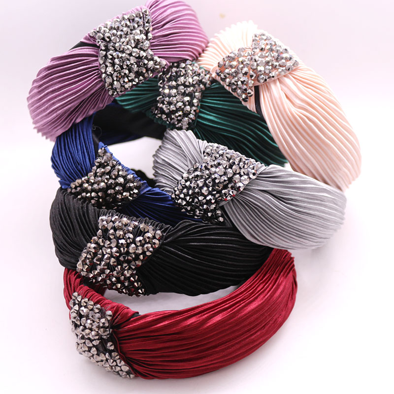

Bohemian Vintage Pleated Fabric Knot Hairband Rhinestone Handmade Headband customized Hair Accessories