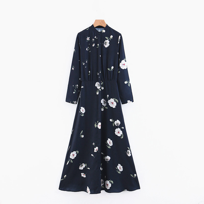 

Women Oversized Elegant Floral Print Maxi Dress Long Sleeve Stand Collar Female Stylish Ankle Length Dresses A-line Vestidos, As picture