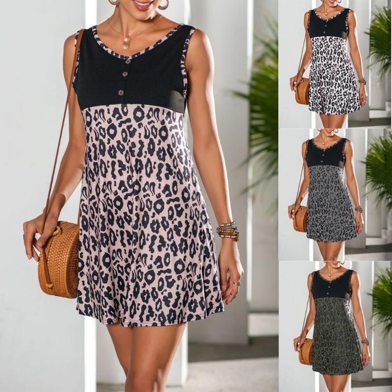 

Streetwear Women' Printed Sundress 2020 Summer Leopard Mini Dress Sleeveless Patchwork Vestidos Plus Size Casual Tunic XXL, Brown