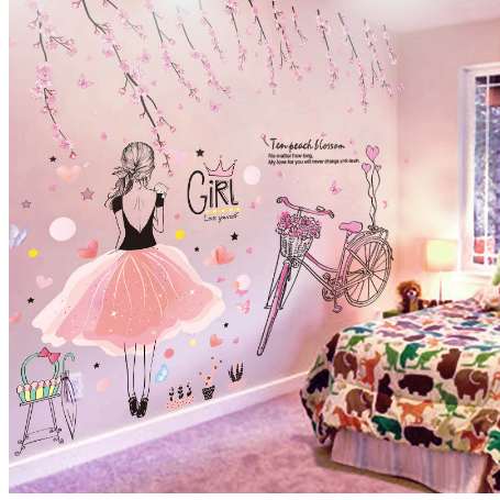 

[SHIJUEHEZI] Cartoon Girl Wall Stickers PVC Material DIY Peach Flowers Bicycle Wall Decal for Kids Rooms Baby Bedroom Decoration