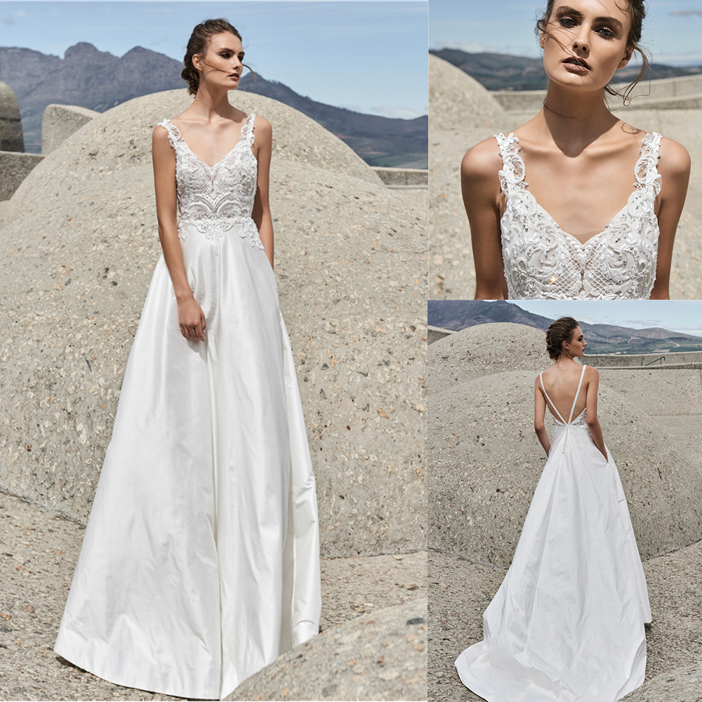 

Elbeth Gillis 2021 Wedding Dresses V Neck Lace Satin Beads Beach Bridal Gowns Sexy Open Back Sweep Train A Line Robe De Soiree, Red