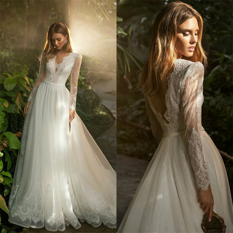 Une Ligne Robes De Mariée Col En V À Manches Longues Appliqued Dentelle Paillettes Boho Robe De Mariée Sexy Dos Nu Balayage Train Sur Mesure Robe