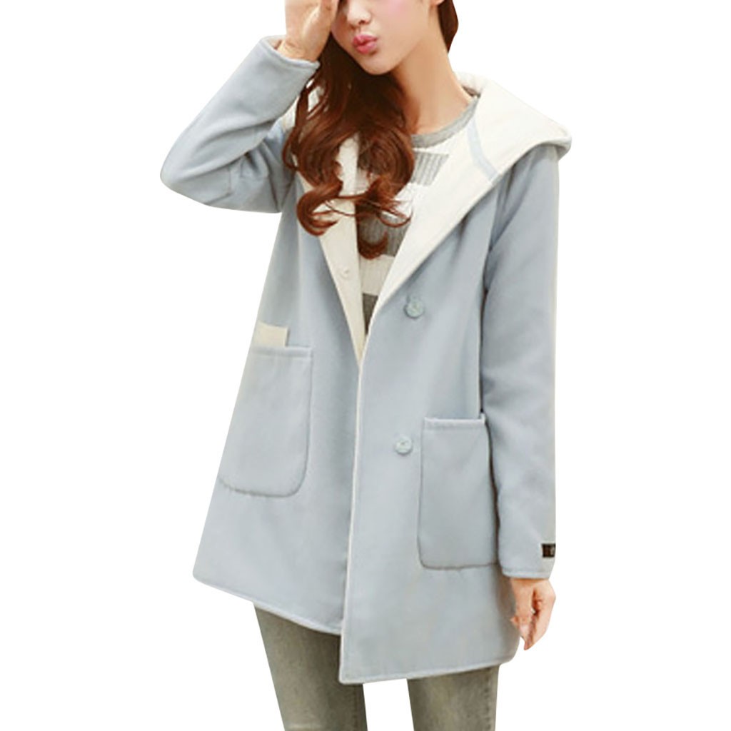 

winter coat women 2019 Fashion Casual Medium And Long Hooded Winter Woolen Thick Coat Female Overcoat Outwear manteau femme, Sky blue