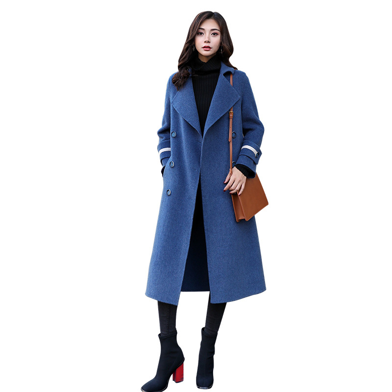 

Smoky blue Double-breasted woolen coat female long section 2019 new spring autumn popular Hepburn wind woolen coat female z34, Black