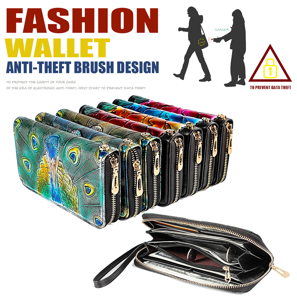 

RFID Blocking Genuine Leather Long Wristlet Clutch Wallets Zipper Purses Card Pouches Banknote Pocket Women Peacock Floral Cowhide Wallets, 7 colors for choice