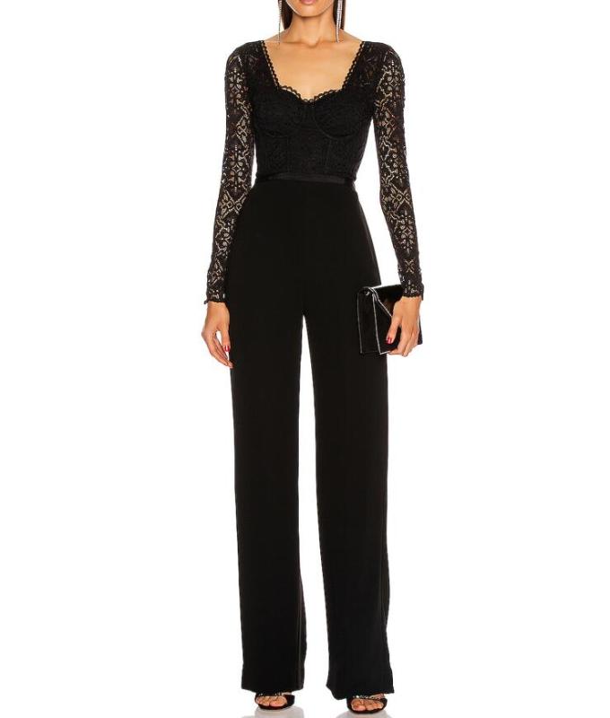 

Newest Winter Fashion Luxury Sexy Long Sleeve V Neck Black Lace Women Bandage Jumpsuit 2020 Celebrity Designer Fashion Rompers