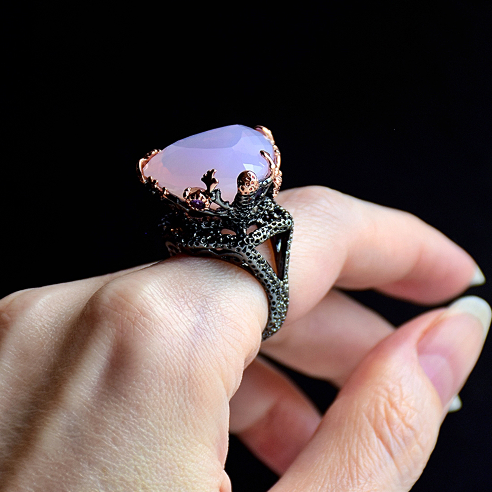 

New Look Big Triangle Matt-Pink Crystal Zirconia Ring Vintage Gun Black Jewellery Women's Jewelry Large Cocktail rings