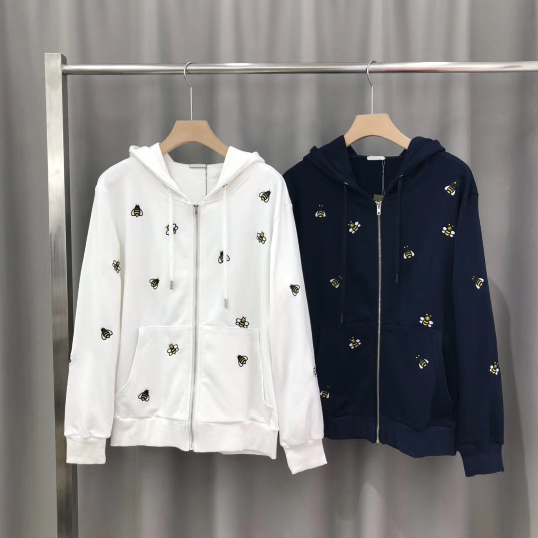 

19FW Mens designer Hoodies Classic Logo Zipper Hoodies Embroidery Bees Sweatshirts Couple Tops Coats Hooded Fashion Hip Hop, White