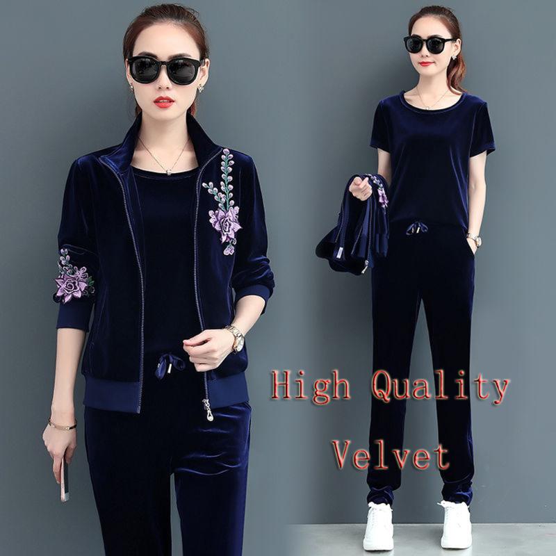 Velvet Suits 3 Piece Tracksuits for Women Plus Size Top and Pant Outfit Sportswear Fitness Co-ord Set Two Pieces Winter Clothing