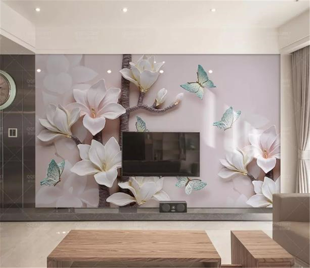 

Phone 3d Wallpaper Beautiful Pink Embossed Magnolia Butterfly Living Room Bedroom Background Wall Decoration Mural Wallpaper, Customize