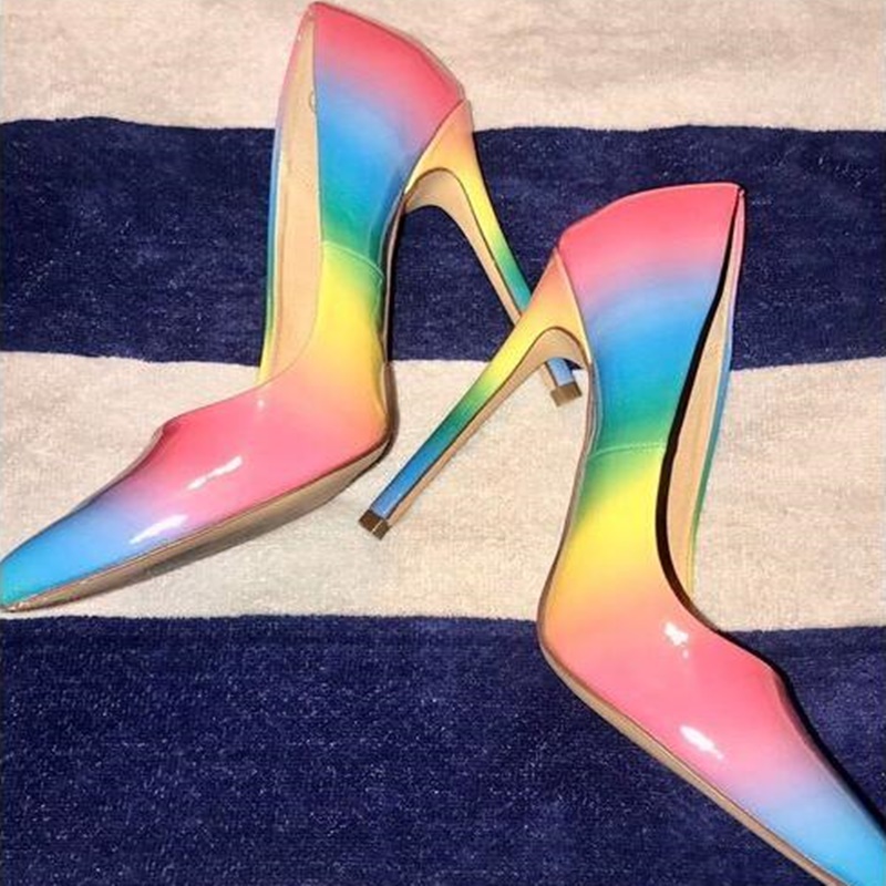 

Rainbow Gradient Color High Heel Pumps Pointed Toe Patent Leather Shallow Dress Shoes 12cm Stiletto Heel Wedding Party Shoes, As picture