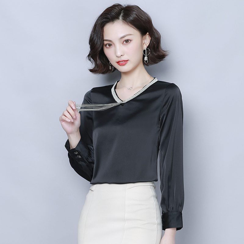 

2019 New Autumn Fashion Women Shirts Full Sleeve Slim Chiffon Silk Tassel Blouse Shirt White Champagne Black 9965