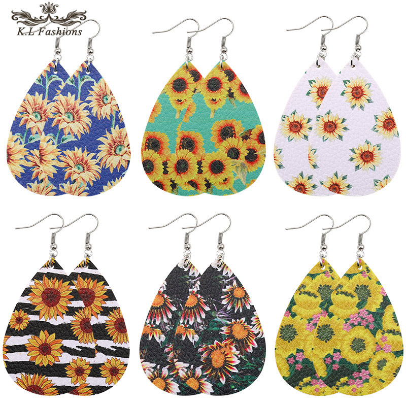 

Bohemia Design Sunflower Printed PU Leather Earrings for Women Girl Fashion Oval Waterdrop Dangle Drop Earrings Hook Ear Party Jewelry Gift, Silver