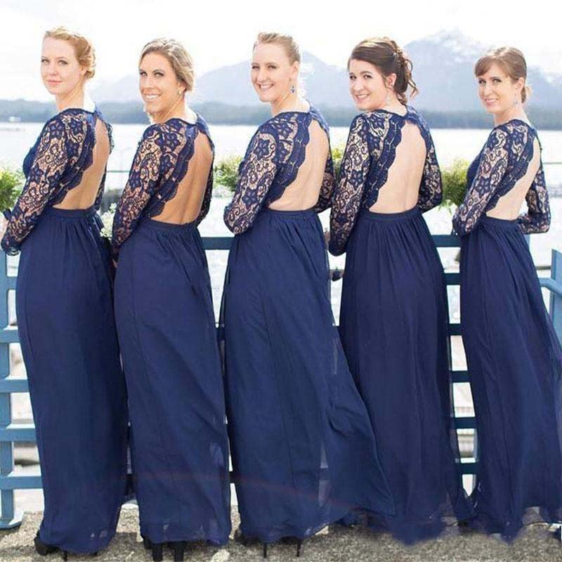 

Country Long Sleeve Lace Bridesmaid Dresses 2020 Hollow Back Chiffon Long Wedding Guest Gowns Maid of Honor Dress Plus Size