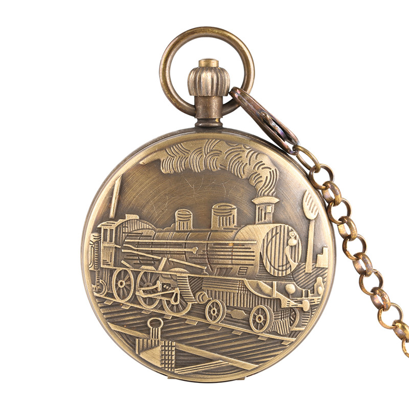 

Fobs Mechanical Pocket Watch Men Steam Train Pattern Mechanical Pocket Watches Skeleton Gift for Pocket Watch With Necklace, Brown