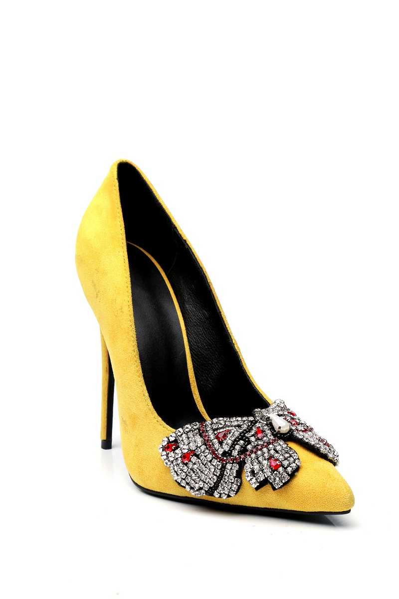 

Free shipping 2019 suede leather Stiletto 12cm high heels Pillage Pointed toes diamond Pumps Dress SHOES party wedding Yellow size 34-42 02