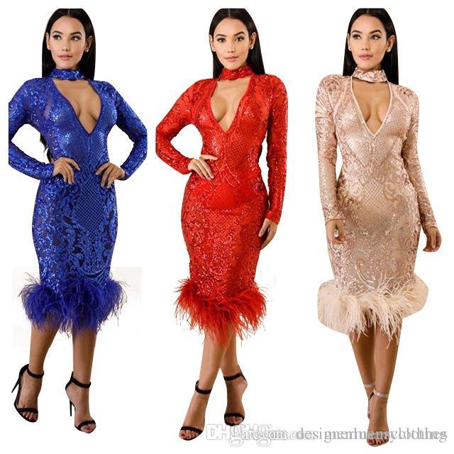 

Women Sexy Sequined Dresses Autumn Deep V-neck Bodycon Club Dress Party Evening Gown Dressing, White