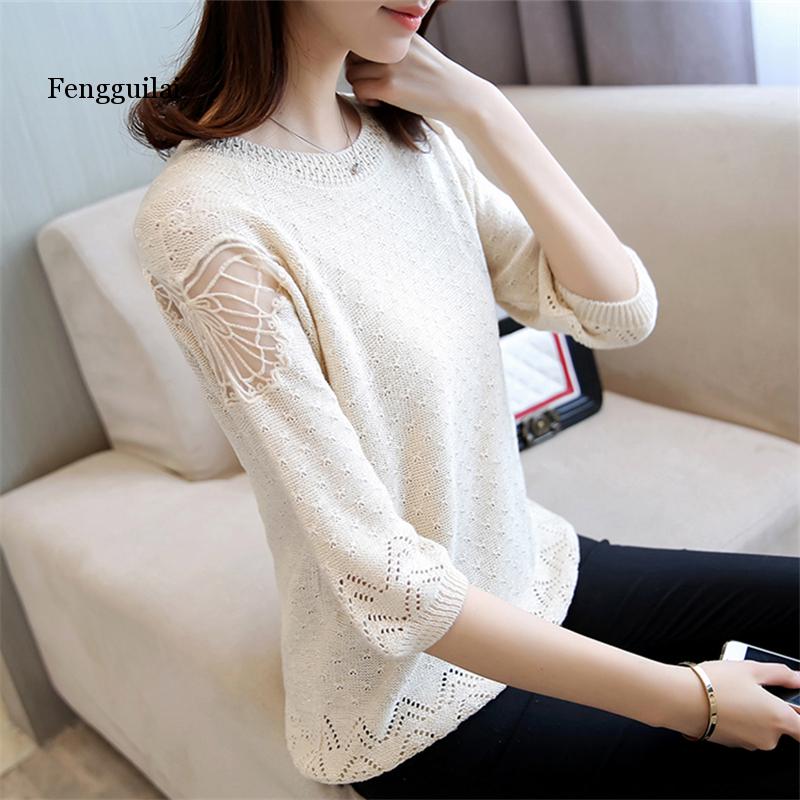 

Pullover Women Knitted Sweater Spring Loose Half sleeve O-Neck Hollow Out Lace Patchwork Top Casual Jumpers Ladies Sweater, Beige