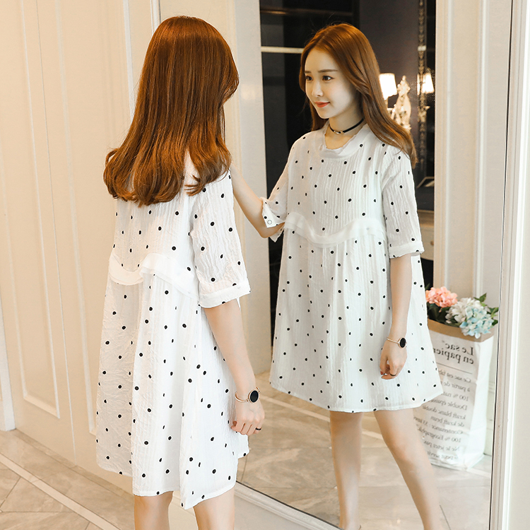 

1822# Maternity Clothes Summer Chiffon Dot Short Sleeve Loose Stylish Dress for Pregnant Women Mom Dress, The picture color