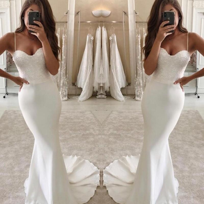 

2020 Beach Mermaid Wedding Dresses Sexy Spaghetti Straps Lace Applique Chiffon Sweep Train Ribbon Custom Made Plus Size Wedding Bridal Gown, White