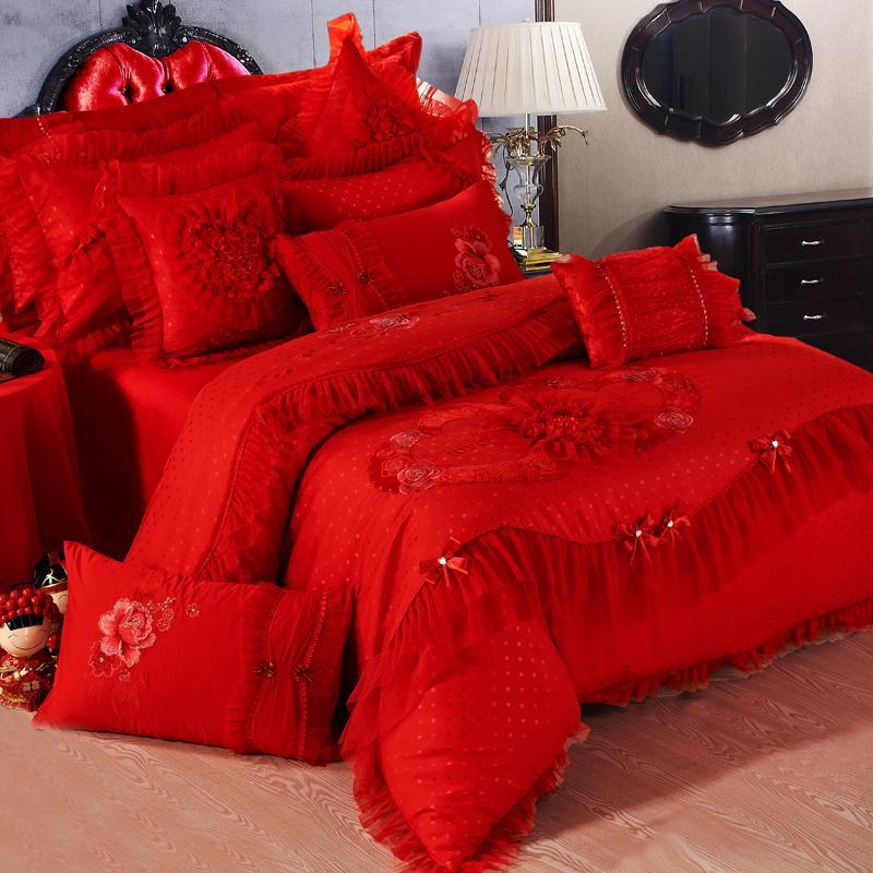 

42 4/6/10 pcs oriental lace king queen size bedding set red pink stain wedding bed cotton bed spread duvet cover set