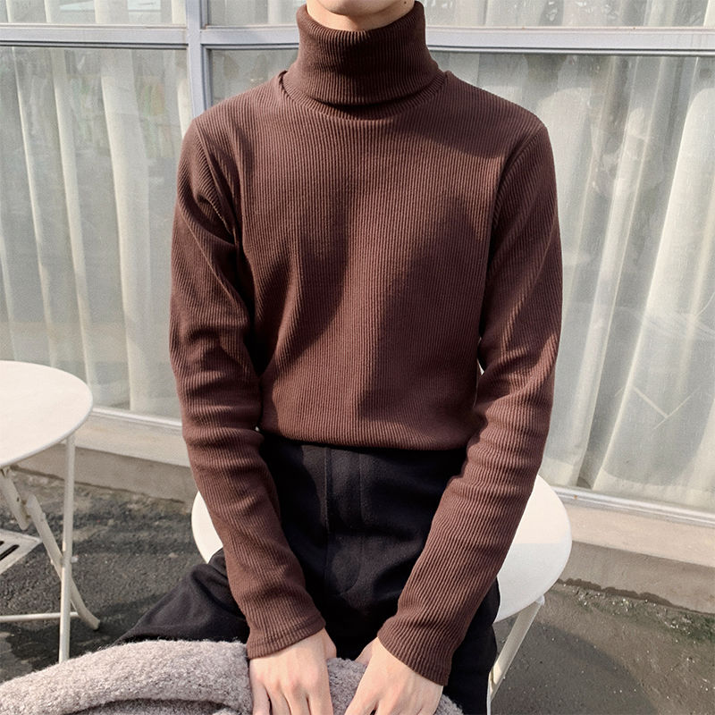

Winter Korean Turtleneck Sweater Men' Slim Warm Fashion Solid Color Knitted Pullover Men Streetwear Wild Casual Sweater Mens, Brown