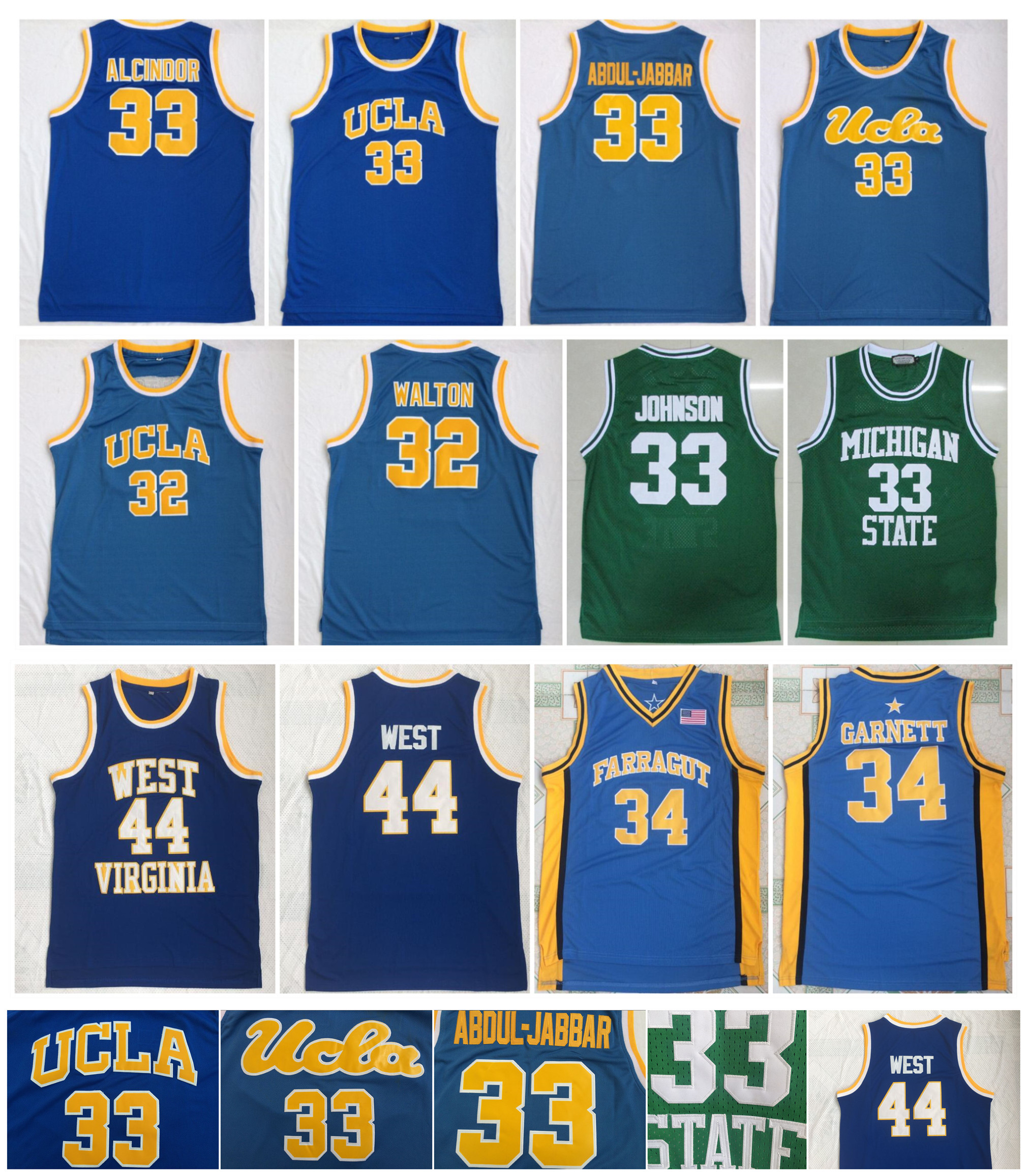 

Kareem Abdul Jabbar UCLA Bruins Jersey Bill WALTON Michigan Earvin Johnson Jerry West Kevin Garnett Virginia NCAA College Basketball Jerseys, As pic