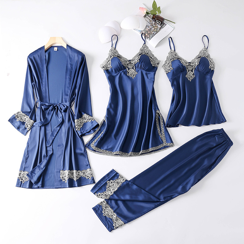 

Sexy pajamas women Xia Bingsi four-piece suit spring and autumn with chest pad sling nightdress nightgown thin section ladies, Blue