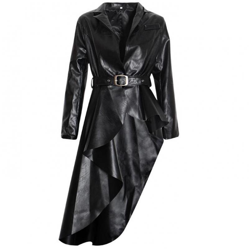 

Red RoosaRosee Designer Autumn Personal Irregular PU Trench For Women Lapel Collar Long Sleeve Windbreaker Female 2019 Outwear, Black